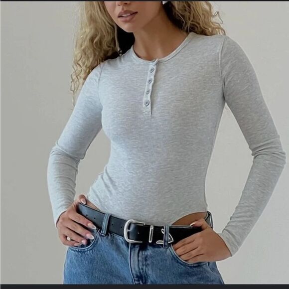 WeWoreWhat Tops - WeWoreWhat Womens Heather Gray Crew Neck Henley Bodysuit